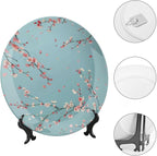 Japanese Spring Theme Decorative Ceramic Plate Round Porcelain Plate,Sakura Tree Branches Pattern,for Decorative Ornaments Giving Plates, 1 Plate with 1 Display Stand,Blue Pink,8 inch