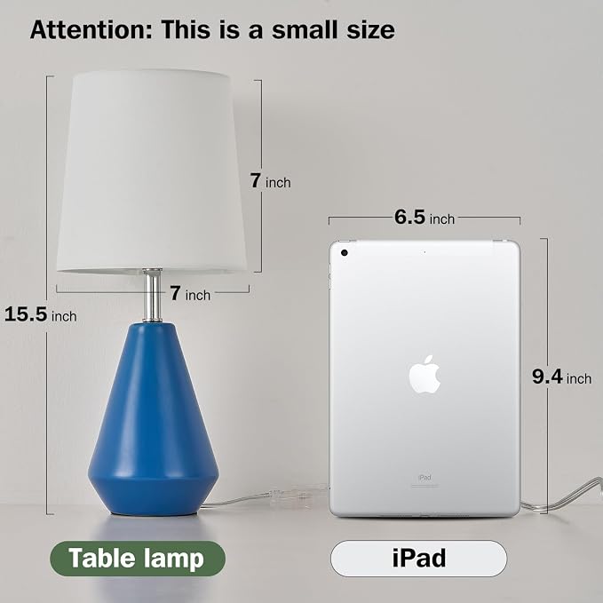 Small Bedside Table Lamp for Bedroom - Reading Desk Lamp with 3 Color Temperatures，15.5" Nightstand Ceramic Lamp with Fabric Shade for Kids Room,Living Room,Dorm,Home Office (Blue+White)