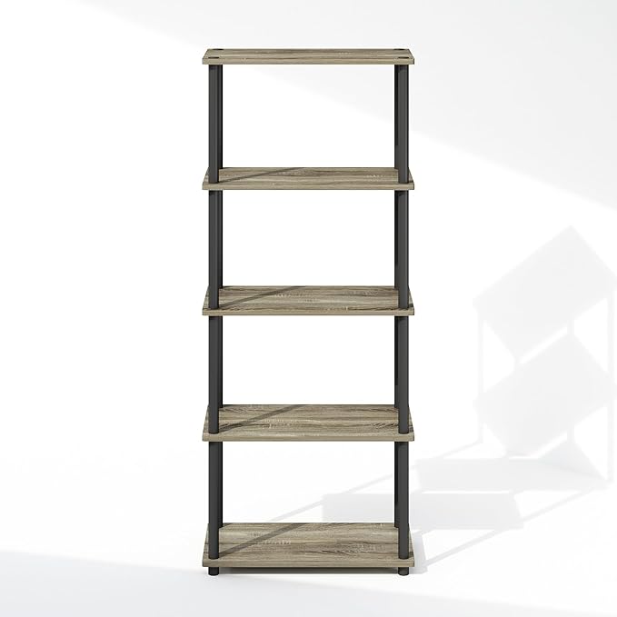 Furinno Turn-N-Tube Book Shelf, 5-Tier Bookshelf, Bookcase with Multipurpose Compact Display Rack, 11.6 x 23.6 x 57.4, for Living Room, Bedroom, Home Office, French Oak/Black