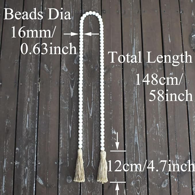58 Inch Wood Bead Garland with Tassels, Rustic Farmhouse Beads Wall Hanging Prayer Beads
