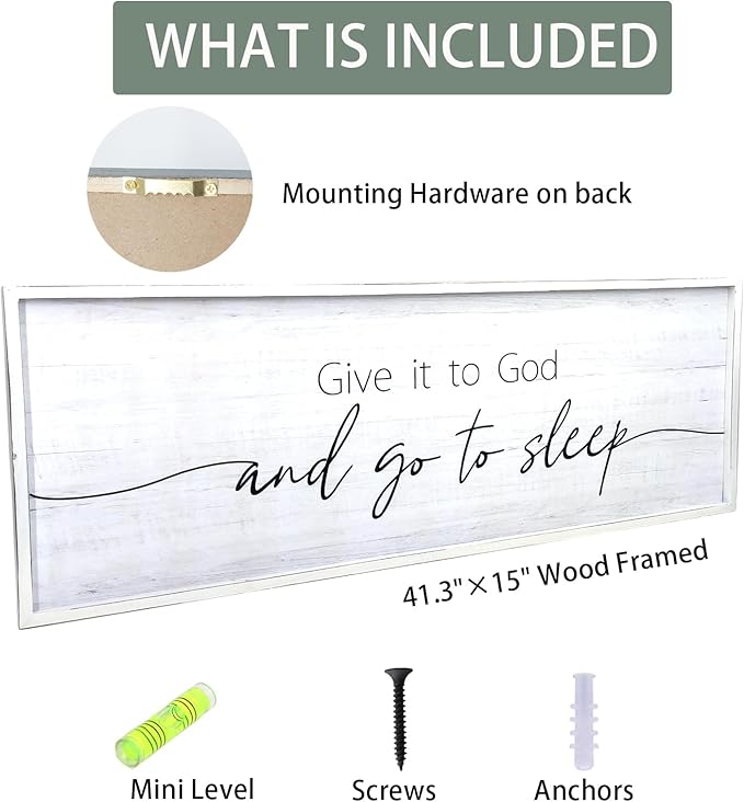 Give It to God and Go to Sleep Sign Framed Large 41''×15'' Above Bed Wall Decor for Bedroom Farmhouse Wall Decor Guest Room Decor Rustic Master Bedroom Wall Decoration Wood Wall Art (white frame)