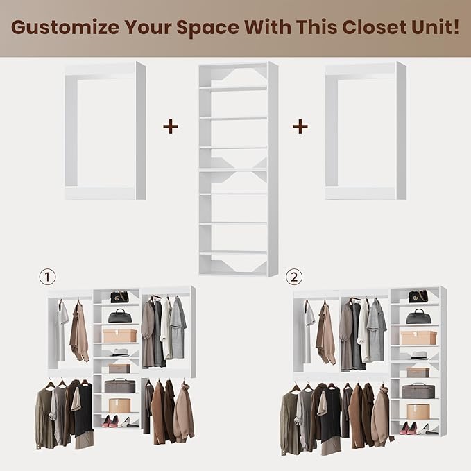 ROOMTEC Modular Closet System, 102" Wall-Mounted Closet Organizer with Hanging Rods and Shelves, Wooden Tower for Walk-In Closets, Wardrobe Storage Kit, White