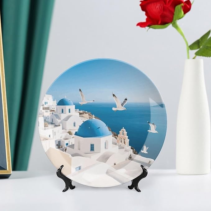 Santorini Greek Island Ceramic Display Plate Decorative Round Hanging Bone China Plate with Display Stand for Kitchen Dining Room Wine Cabinet Home Décor Art Decoration 8inch