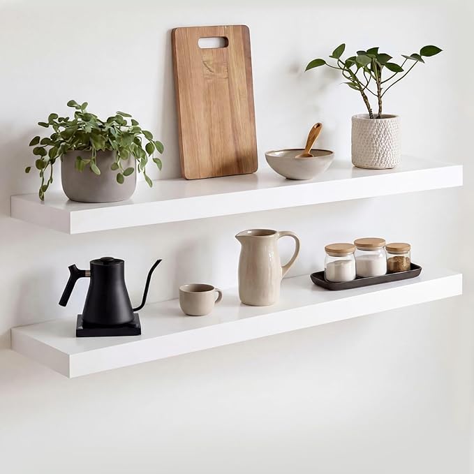 Homeforia White Floating Shelves 30 inch, High End Solid Real Wood 30inch Floating Shelf for Wall Mounted, White Wooden 30in Long Floating Shelves, Heavy Duty Bracket, 30 X 6.5 X 1.75 inches, Set of 2