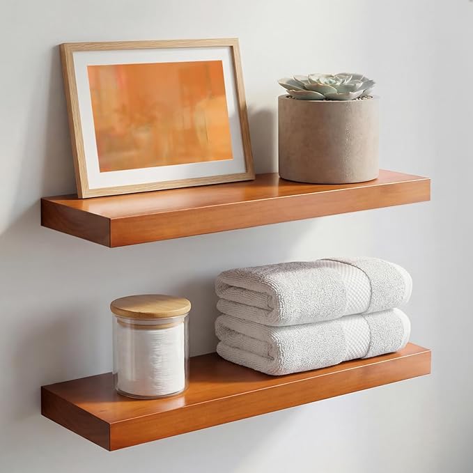 Homeforia 18 inch Floating Shelf Oak, High End Solid Real Wood 18inch Long Floating Shelves for Wall Mounted, Honey Oak Wooden 18in Floating Shelves, Heavy Duty Bracket, 18 X 6.5 X 1.75 inch, Set of 4