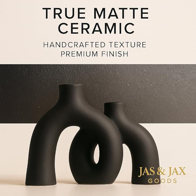 Matte Black Ceramic Vase Set - Modern Hug Donut Ceramic Vases by JAS & JAX GOODS, Minimalistic Nordic Home Decor Centerpiece for Console Tables, Living Room, Bookshelf, or Fireplace Mantel