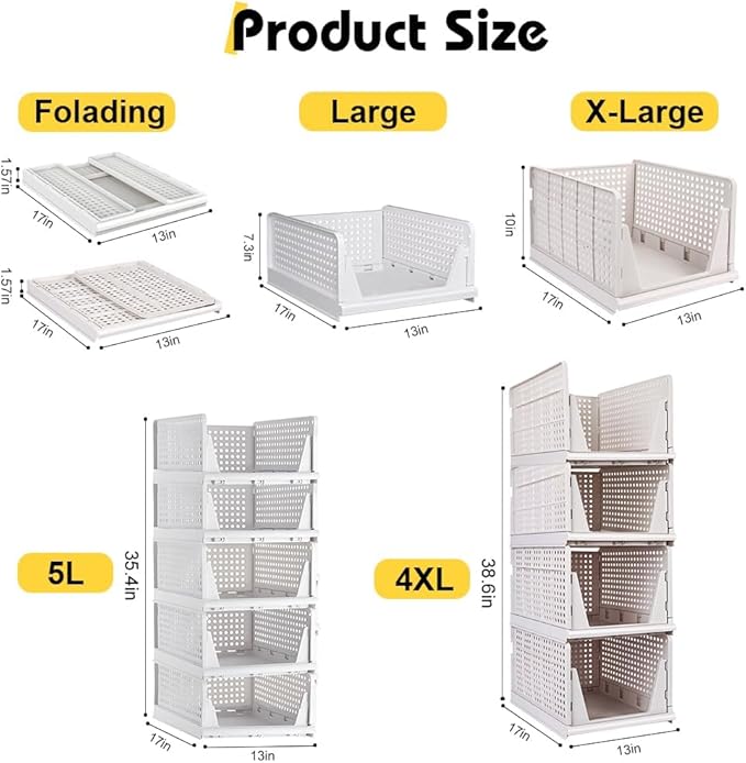 XL Stackable Plastic Storage Basket, 4 Packs closet storage bins for clothes sweater organizer for closet Folding closet organizers and storage Closet Shelf Storage Container for Cupboard Bedroom 4XL