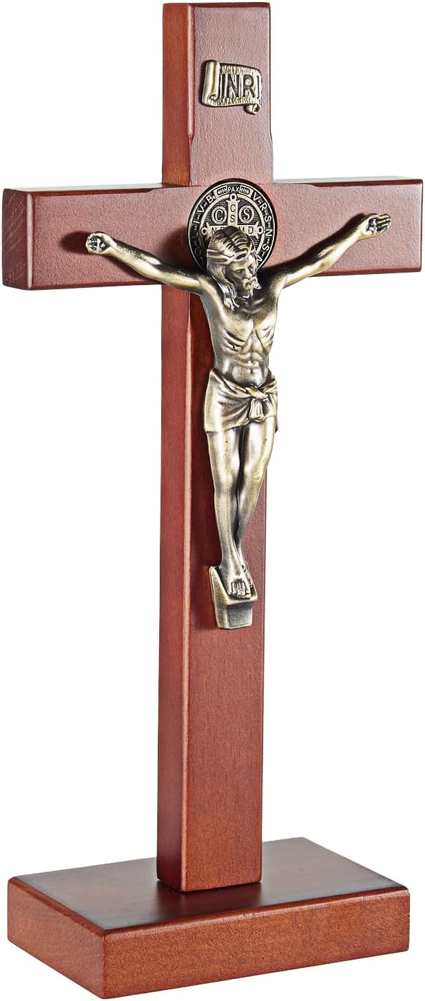 ARCHOBAN Wooden Crucifix Wall Cross Catholic with Stand, 10.7 Inch Jesus Christ Standing Cross for Wall and Table - Brown + Antique Brass
