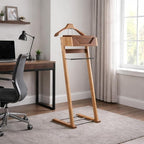 Proman Products Newport Suite Men Wooden Valet Stand VL37034 with Top Tray, Contour Hanger, Trouser Bar, and Shoe Rack, 18" W x 16" D x 46" H, Light Walnut