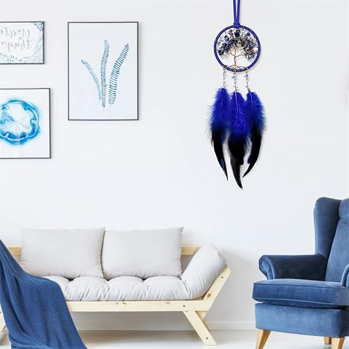 LOMOHOO Dream Catcher Car Rear View Mirror Pendant Car Charm with Crystal Beads Tree of Life Small Dream Catchers for Rearview Mirror Hanging Kids Bedroom Decor 3”Diameter (Blue)