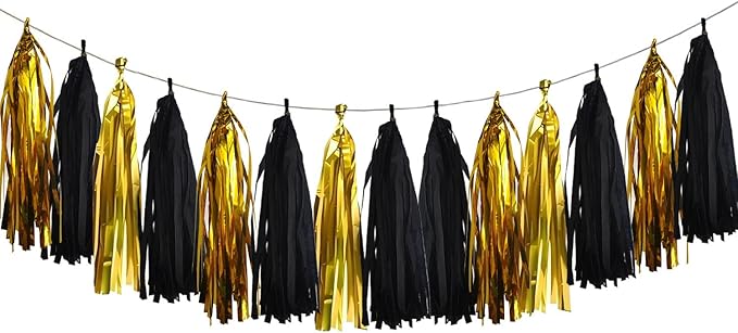 20Pcs Black and Gold Paper Tassel Garland,Tissue Tassel Banner for Graduation Masquerade New Year Farewell Retirement Party Decoration