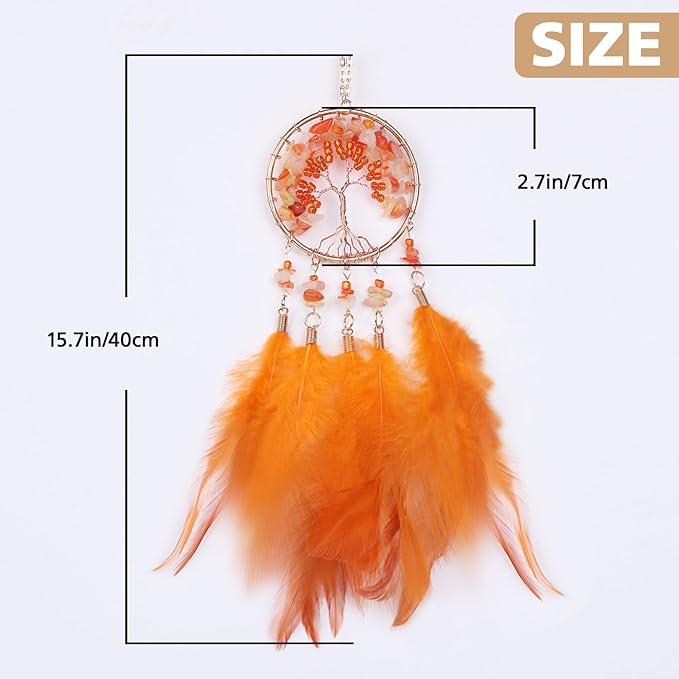 Pretty Jolly Small Tree of Life Crystal Stone Dream Catchers Orange Feathers Mini Dreamcatchers for Cars Rear View Mirror Hanging Decoration Good Luck Travel Charm Bedroom Ornaments for Women Girls