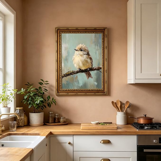 Large Gold Framed Bird Canvas Wall Art Vintage Bird Beige Sparrow painting Decor Pictures Sparrow on Branch Bedroom Living Posters Prints for Corridor Classroom Bedroom Kitchen Room Decoration