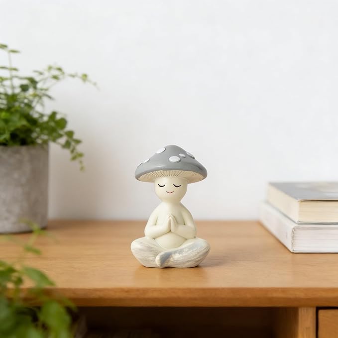 Meditation Mushroom Resin Statue - Cute Meditation Mushroom Statue for Desk Living Room Resin Figurine for Home Patio Office Decoration Cute Plant Statues for Tabletop Garden Backyard Decor
