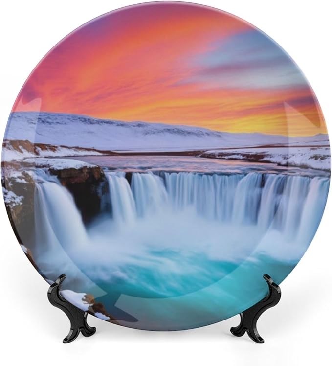 Waterfall Theme Decorative Ceramic Plate Round Porcelain Plate,10 inch,Winter Pattern,for Decorative Ornaments Giving Plates,1 Plate with 1 Display Stand,Blue White
