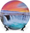Waterfall Theme Decorative Ceramic Plate Round Porcelain Plate,10 inch,Winter Pattern,for Decorative Ornaments Giving Plates,1 Plate with 1 Display Stand,Blue White