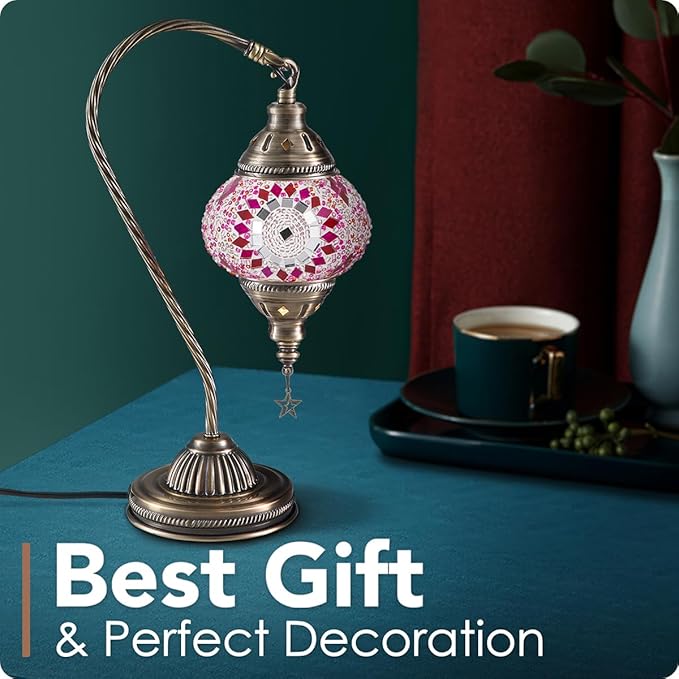 Yarra-Decor Turkish Moroccan Lamp with Bronze Base 3 Color Options Handmade Swan Neck Tiffany Mosaic Glass Bedside Lamps for Bedroom (LED Bulb Included) (3)