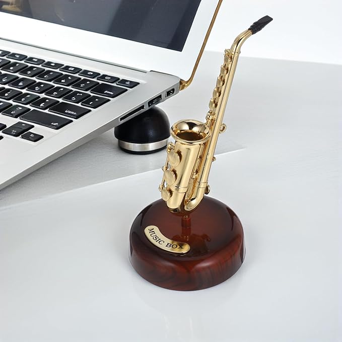 Mini Saxophone Music Box, 7.9in Classic Home Decorative Saxophone, Small Musical Mum Trinket Instrument Ornaments for Home Decoration Housewarming Desktop