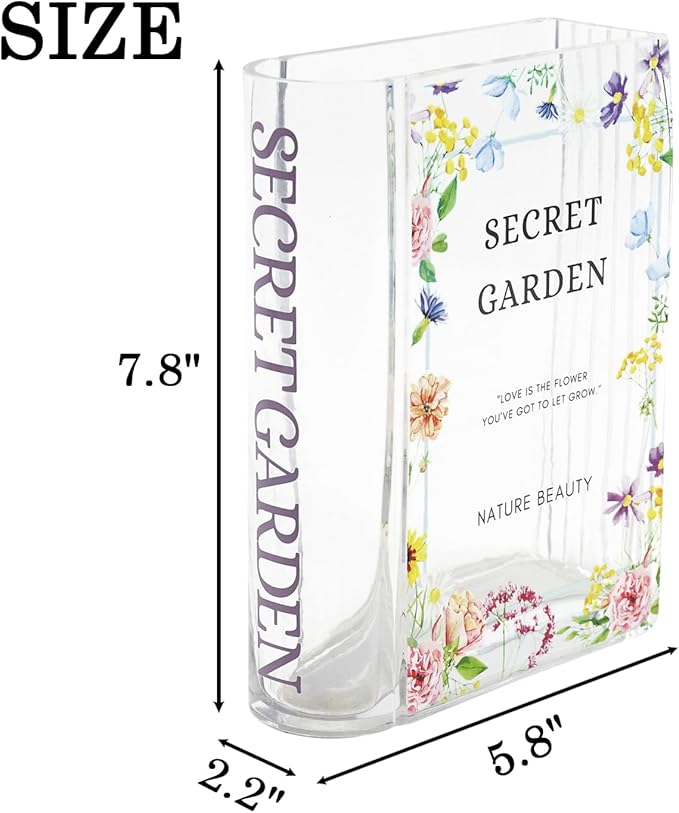 Glass Book Vase, Clear Book Vase for Flowers, Unique Flower Vase, Modern Book Shaped Vases for Bedroom, Living Room, Office, Coffee Table, Bookshelf(Garden)
