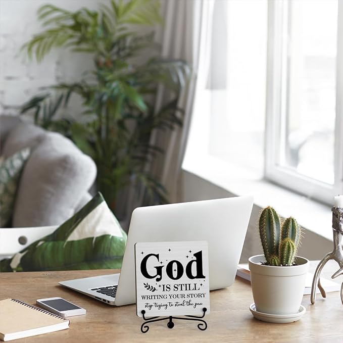 Inspirational Christian Desk Decor, God Is Still Wrting Your Story Sign, Desk Decorations For Office Home Living Room Bathroom, Eucalyptus Shelf Decor, Wooden Plaque With Stand (C12)