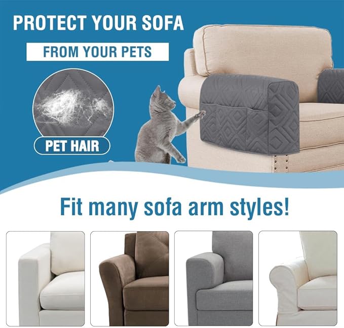 H.VERSAILTEX Armrest Covers for Sofa Water Resistant Couch Arm Covers Remote Control Holder Sofa Armrest Organizer for Magazine, Tablet, Phone, iPad(Set of 2, Gray/Beige)