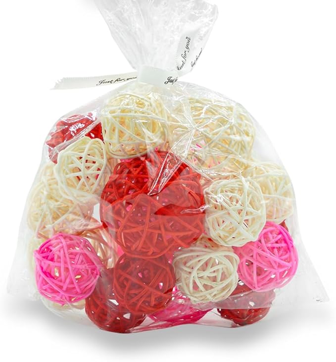 Qingbei Rina Valentine's Day 20 PCS Wicker Rattan Balls, Red Pink White Decorative Balls for Bowls, Vase Filler for Centerpieces, Bowl Fillers for Home Decor(Pink Red White)