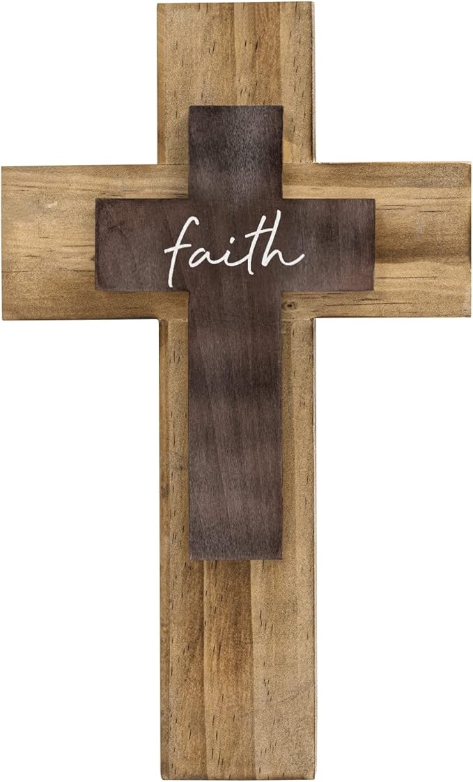 OKSQW Wall Wooden Cross Christians Crosses Spiritual Religious Cross With Hook Christmas Wall Hanging Handmade Nature Wood Color with Faith Design for Church Home Room Decor Wood Crucifix Gift