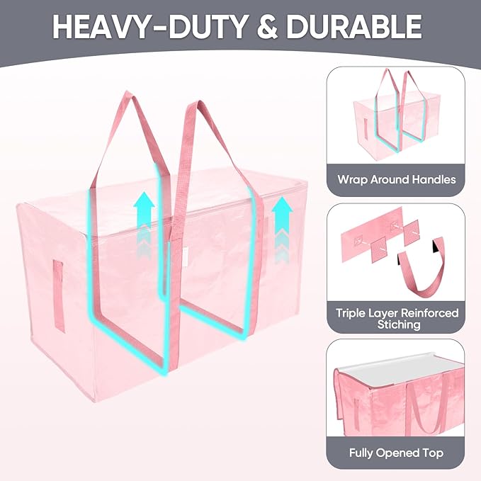 TICONN 4 Pack Extra Large Moving Bags Heavy Duty with Zippers & Carrying Handles, Durable Storage Bags Moving Boxes for Closet Organizers and Storage (4 Pack, Coral)
