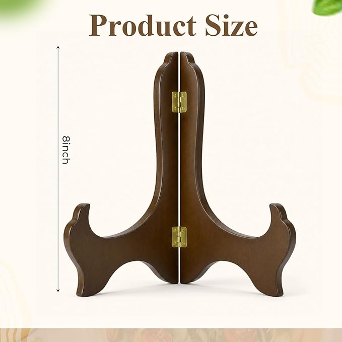 Tatuo 2 Packs Wooden Plate Stands for Display, Plate Holder Display Stand, Picture Frame Stand Easels, Tabletop Art Holder, Book Dish Decorative (8 Inch,Brown)
