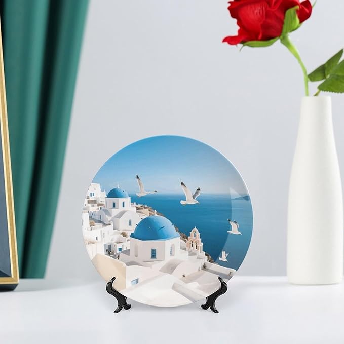 Santorini Greek Island Ceramic Display Plate Decorative Round Hanging Bone China Plate with Display Stand for Kitchen Dining Room Wine Cabinet Home Décor Art Decoration 6inch