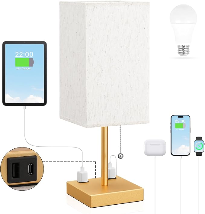 aooshine Medium Table Lamp with USB Ports - 3 Color Temperature Bedside Lamp for Bedroom, Pull Chain Control, USB A and C Ports, 2 AC Outlets, Bulb Included