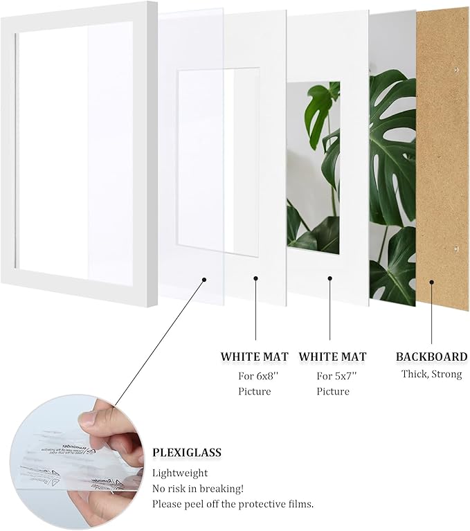 Egofine 8x12 Picture Frames Set of 4, Made of Solid Wood Covered by Plexiglass 5x7 and 6x8 with Mat or 8x12 without Mat, for Table Top Display and Wall Mounting Photo Frame White