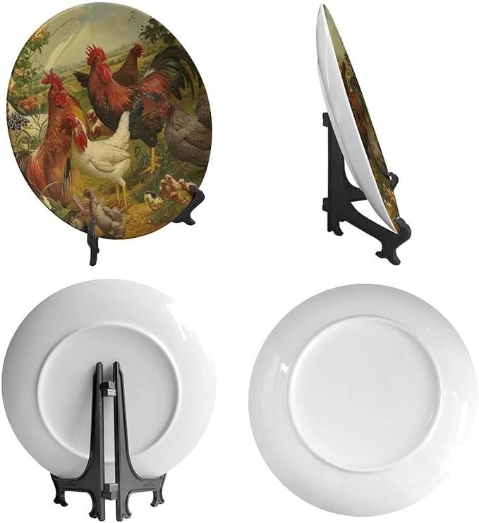 Rooster Decorative Ceramic Plates, 10 Inch, Rooster Hen Chick White Chicken Gathering Round Display Plate, Decorative Plates with Stand, for Home Kitchen Bedroom Decorative Ornaments