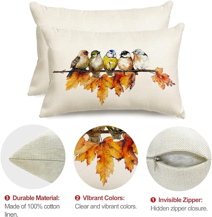 RABUSOFA Fall Pillow Covers 12x20 Inch Bird Autumn Decorations for Home Outdoor Thanksgiving Decor Maple Leaf Decorative Lumbar Throw Pillow Cases Farmhouse for Couch Sofa