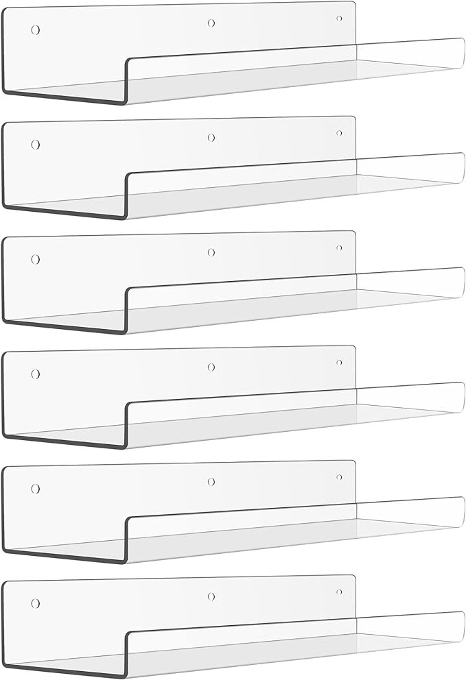 upsimples 6 Pack Acrylic Shelves for Wall Storage, 15" x 4“ Floating Bookshelves for Kids, Display Shelf Organizer for Bathroom, Bedroom, Living Room, Kitchen, Room Decor, Clear