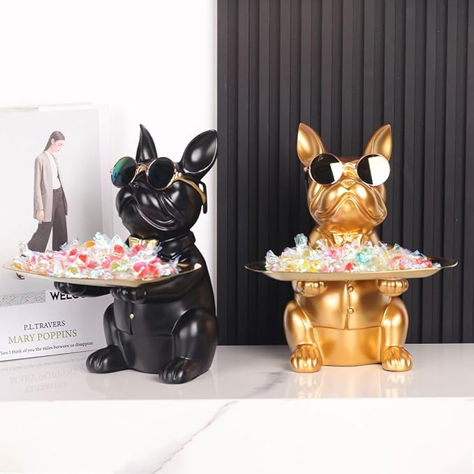 QIANLING Modern Decor Resin Gold Bulldog Tray Statue Tray Storage Key Holder Candy Jewelry Earrings Tray Suitable for Home Decor Modern Art Dining Table Decor Office Small Object Tray (Golden Yellow)