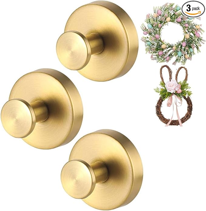 Wreath-Hanger, Strong Stainless Steel Suction-Cup-Wreath-Hooks, 3 Pack Wreath-Door-Hanger Fall Halloween Christmas Decorations, Welcome Sign for Front Door Indoor Outdoor (3 Gold, 3)
