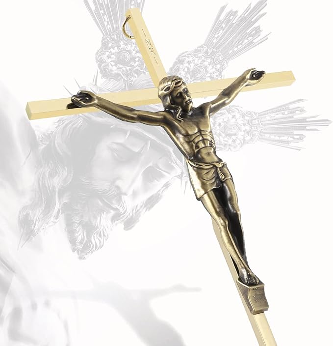 DCCXN Crucifix Wall Cross, Metal Catholic Hanging Cross Wall Decor - 10 Inch, Shiny Gold