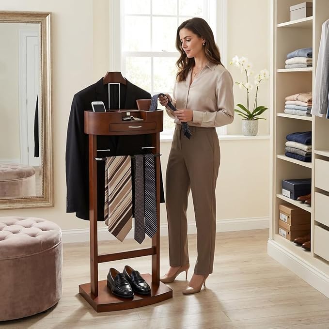 Valet Stand for Men and Women, Wood Suit Rack, Freestanding Coat Stand, Valet Stand Clothing Rack Organizer, Contour Hanger, Trouser Bar, Tie & Belt Hooks for Entryway, Bedroom, Office (Brown)