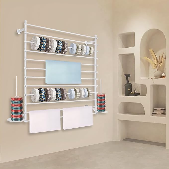 12-Tier Wall Mounted Scarf Rack, Scarf Display Rack, Towels Storage Hanger, Commercial Hijab Scarf Holder Organizer Space Saving for Retail Stores, Boutiques, Home (White, 47in Width)