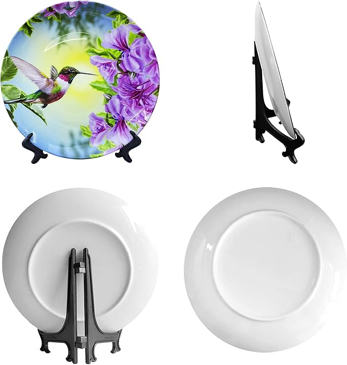 ALALAL 10 inch Bird Hummingbird Pink&Purple Flowers Decorative Plate Decorative Ceramic Plates Home Wobble-Plate with Display Stand Decoration Household Plates Decorative