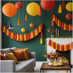 15Pcs Red Orange and Yellow Paper Tassel Garland,Tissue Tassel Banner for Thanksgiving Firefighter Party Decoration