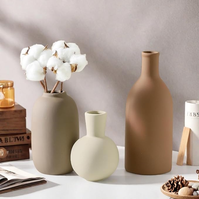 Textured Ceramic Vase Set of 3, Neutral Modern Farmhouse Decor for Pampas Grass Dried Flowers, Neutral Brown & Gray Pottery Vases for Living Room, Mantel, Shelf, Bedroom, Bathroom