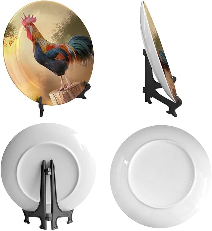 Rooster Decorative Plates, 6 Inch, Crowing Cock Round Display Plate, Table Top Plate Decor with Stand, for Home Kitchen Bedroom Decorative Ornaments