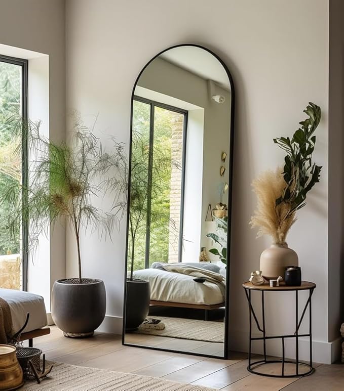 Dewfig Arched Full Length Mirror, 64"x21" Large Floor Mirrors with Stand, Full Body Mirror for Leaning Hanging, Standing Mirrors for Bedroom, Living Room,Dressing Room, Aluminum Alloy Frame, Black