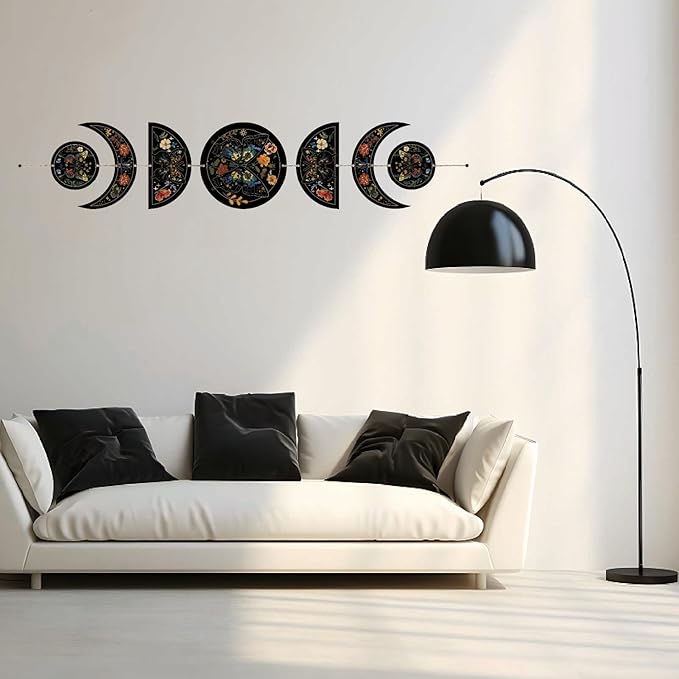CREATCABIN 7Pcs Butterfly Flower Moon Ornaments Half Round Wood Pendant Moon Cycle Wall Hanging Wooden Moon Phase Home Boho Decor Supplies for Bedroom Farmhouse Gallery Apartment Bar 37.1x6.3in