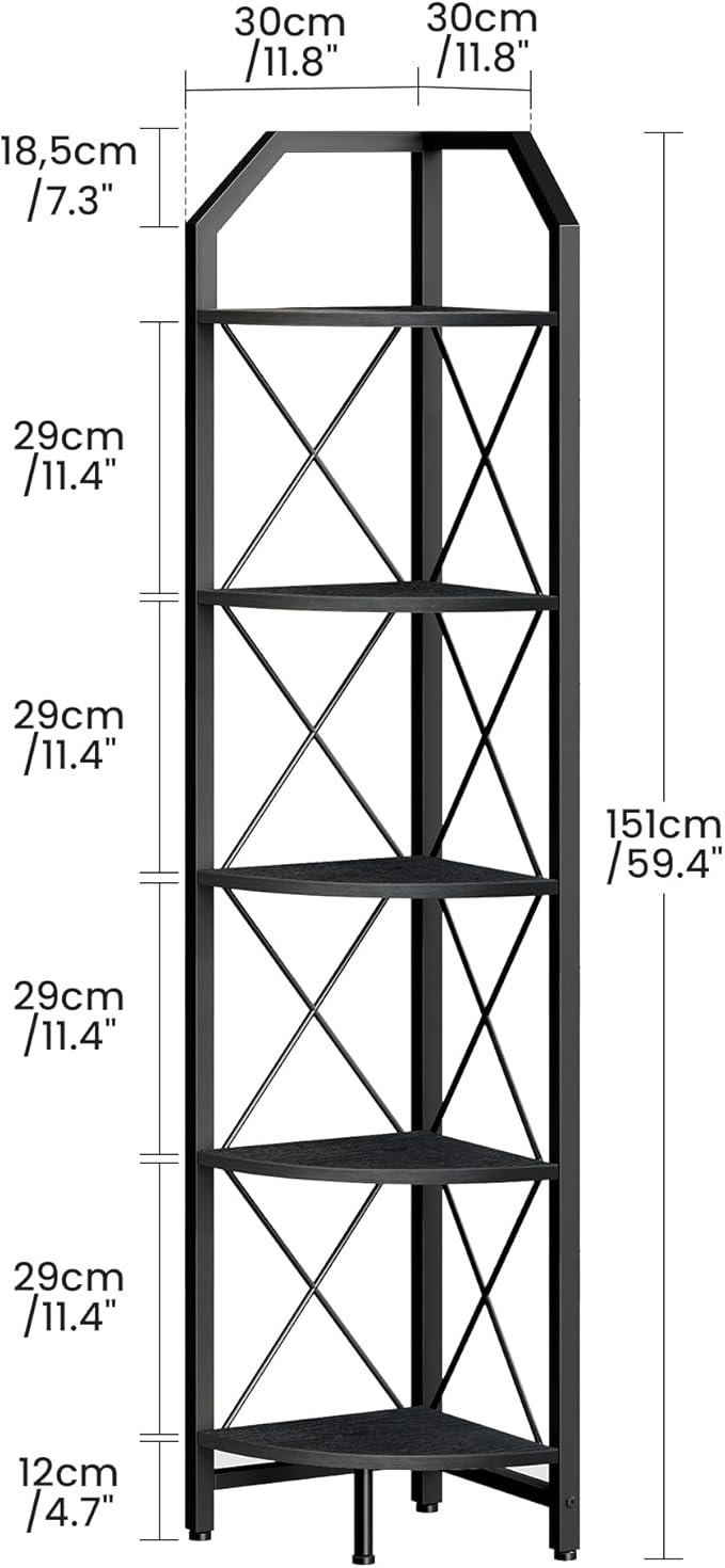 CHOEZON 5-Tier Corner Shelf, Industrial Corner Bookshelf, 59.4" Corner Storage Stand, Plant Stand Display Shelf, Corner Bookcase for Bedroom, Living Room, Home Office, Black TCJ10BB