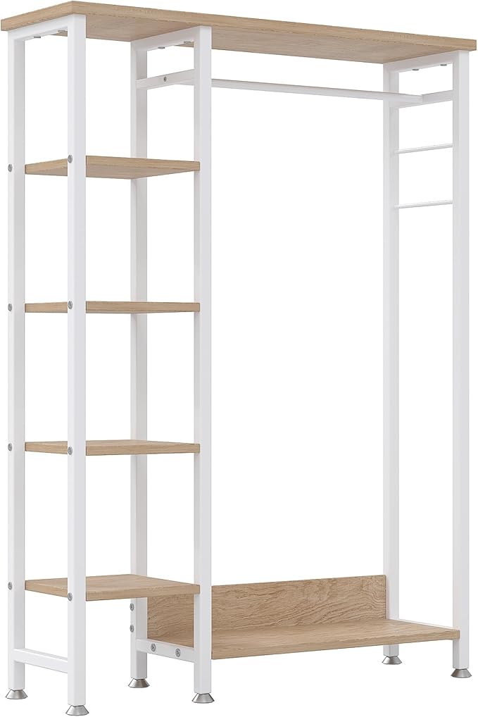 VECELO Open Garment Clothing Rack, Free-Standing Heavy Duty Storage Closet with 5 Shelves and Hanging Rod for Small Spaces, Max Load 350LBS, White Oak