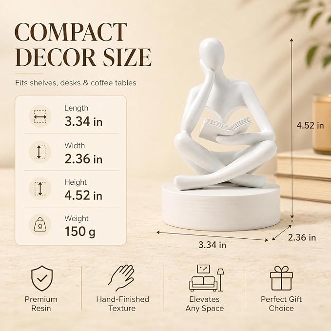 White Bookshelf Decor Thinker Statue, Abstract Reading Figurine Style A, Resin Decorative Bookend for Coffee Table, Shelf, Home Office, Library