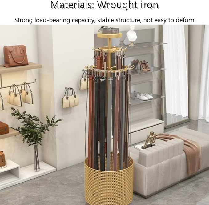 Floor Standing Belt Retail Rack, Rotating Belt Display Stand with Wheels, Metal Retail Display with Bottom Round Storage Basket, Commercial Retail Display Racks(Gold)